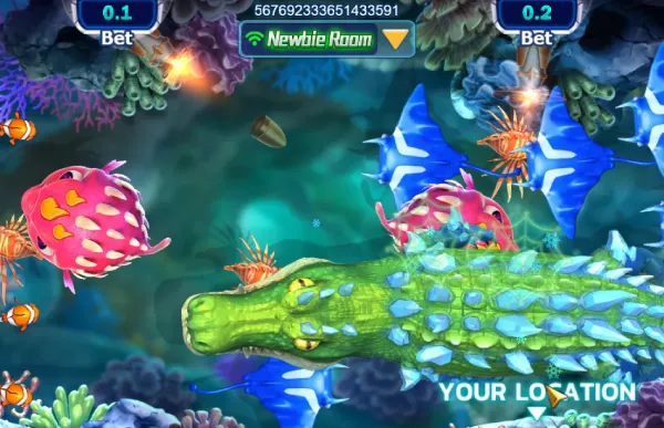 An underwater-themed crocodile shooting game scene in the Newbie Room at kuyaplay-casino featuring colorful sea creatures and betting options.