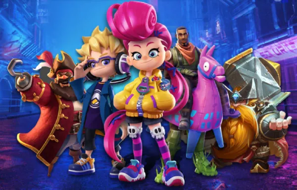 A colorful lineup of animated hero characters standing in a neon-lit cityscape, representing a themed game feature at kuyaplay-casino.