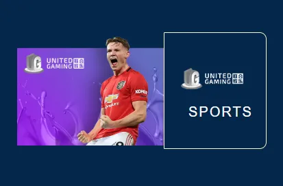 Promotional banner for United Gaming sports betting on kuyaplay-casino featuring a football player in red jersey celebrating on a purple background.