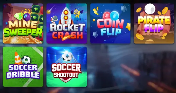 Game selection screen at kuyaplay-casino showcasing mini games including Minesweeper, Rocket Crash, Coin Flip, Pirate Flip, Soccer Dribble, and Soccer Shootout.