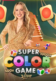 Promotional image for the Super Color Live game at kuyaplay-casino showing a smiling host in a gold outfit beside a colorful dice track with high multipliers.