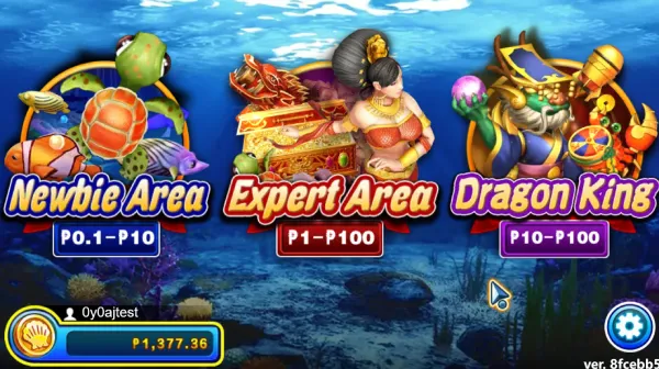 Game mode selection screen at kuyaplay-casino showing Newbie Area, Expert Area, and Dragon King modes with distinct underwater-themed characters and betting ranges.