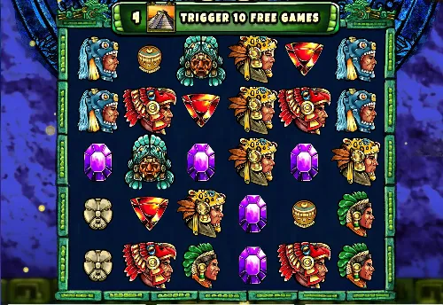 A vibrant Aztec-style slot game interface at kuyaplay-casino featuring colorful gemstones, tribal warriors, and the chance to trigger 10 free games.