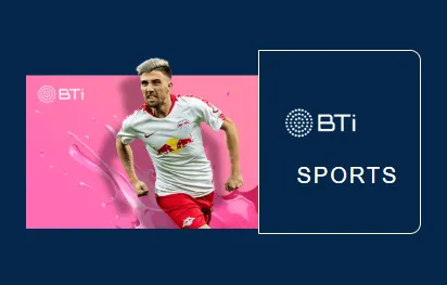 Promotional graphic for BTi sports on kuyaplay-casino featuring a football player in a white and red kit sprinting with intensity on a pink background.
