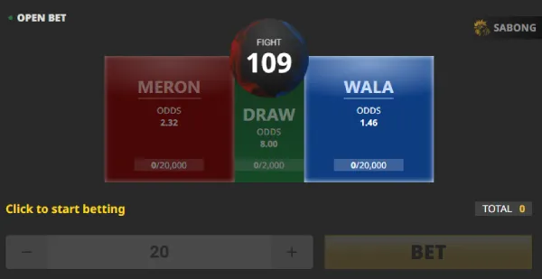 Screenshot of the kuyaplay-casino Sabong betting interface for Fight 109, showing odds for Meron, Wala, and Draw with options to place bets.
