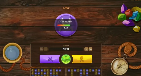 Interactive pirate-themed betting game screen at kuyaplay-casino, featuring a wooden background, colorful gems, compass, and a circular bet timer.