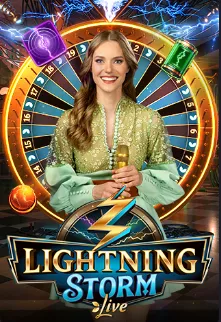 Lightning Storm Live game host standing in front of a vibrant spinning wheel with lightning effects, featured at kuyaplay-casino.