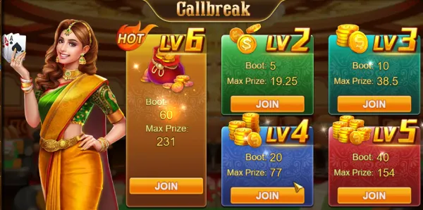 Level selection screen for the Callbreak card game at kuyaplay-casino, showing a host in traditional attire and prize options from Level 2 to Level 6.