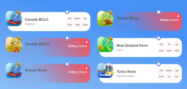 Betting status dashboard at kuyaplay-casino displaying active and closed entries for Canada BCLC, Taiwan Bingo, Greece Keno, Turbo Keno, and more.