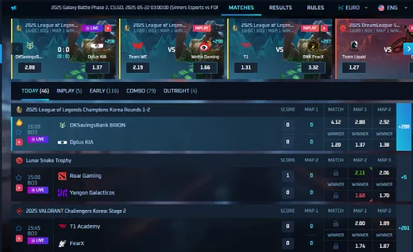 Live esports betting screen on kuyaplay-casino featuring matchups from League of Legends and VALORANT with real-time odds, scores, and match status indicators.