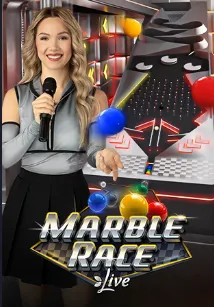 A smiling host presents the Marble Race Live game at kuyaplay-casino, featuring colorful marbles racing down a futuristic track with neon accents.