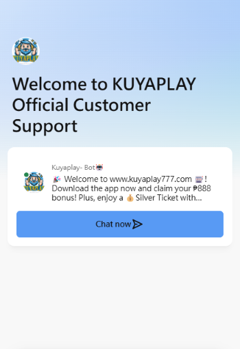 Screenshot of the KuyaPlay customer service welcome page featuring a chatbot message, app download prompt, and a bonus offer, with a 'Chat now' button inviting user interaction.