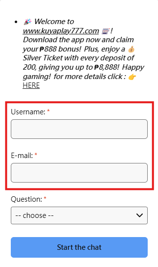 A screenshot of the KuyaPlay customer service chat form showing fields for username, email, and inquiry type, along with a promotional message offering a ₱888 bonus and Silver Ticket rewards.