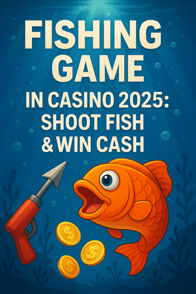 A colorful underwater-themed poster showing a harpoon, gold coins, and an animated orange fish with text promoting a fishing game in casino 2025. The image highlights a fishing game where players shoot fish to win cash prizes.