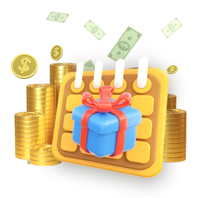 A colorful calendar icon with a wrapped gift box in front of stacked gold coins and floating cash, symbolizing daily rewards from the KuyaPlay free bonus.