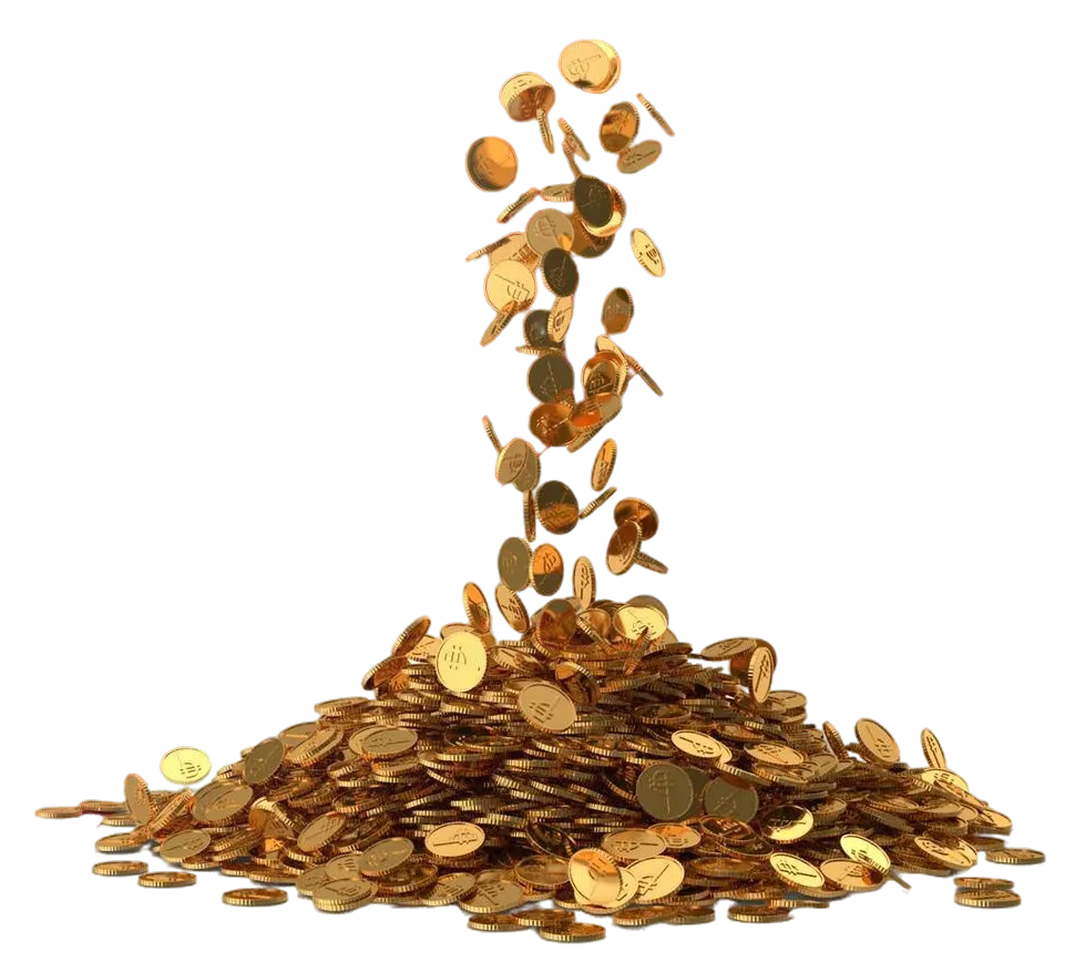 A stream of shiny gold coins falls and accumulates into a large pile, symbolizing a massive jackpot payout and the rewarding gaming experience of KuyaPlay.
