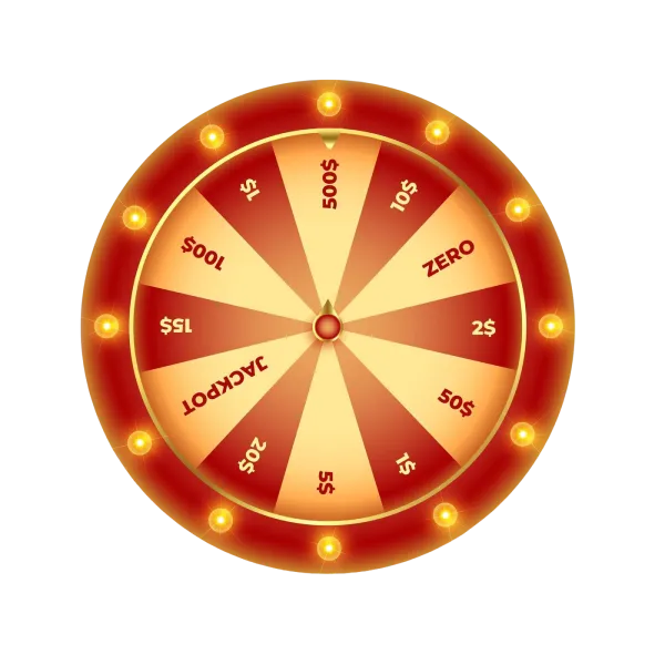 A brightly lit prize wheel features various winning amounts including jackpots, cash values, and a zero section, representing the thrill of spinning to win with KuyaPlay.