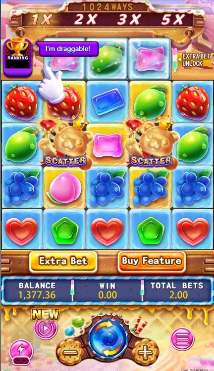 A vibrant slot game interface at kuyaplay-casino featuring colorful fruit symbols, scatter bears, and bonus betting options with a candy-themed design.