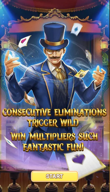 Promotional screen of a magician-themed slot game at kuyaplay-casino featuring a showman, floating cards, and bonus wild multipliers for consecutive wins.