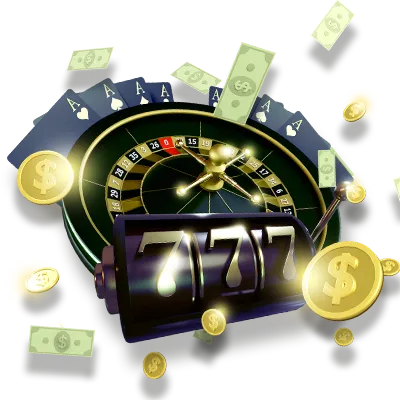 A vibrant casino-themed graphic featuring a 777 slot machine reel, roulette wheel, playing cards, dollar bills, and gold coins, emphasizing the excitement of KuyaPlay free bonus promotions.