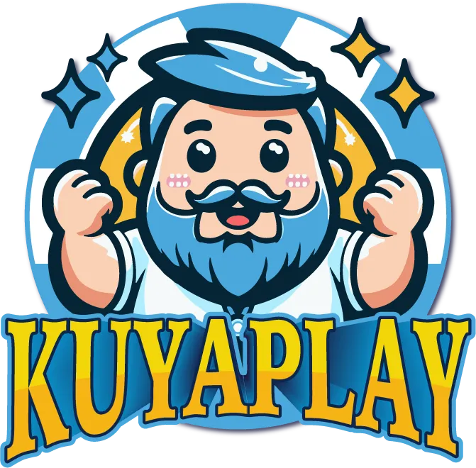 The KUYAPLAY logo featuring a cartoon mascot with blue hair and beard, raising his fists with sparkles around him, conveying a cheerful and trustworthy image for a legit online casino platform.