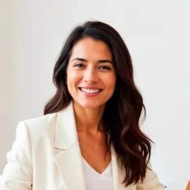 A woman in a white blazer smiling warmly while seated in a bright office, symbolizing confident, customer-focused leadership in a legit online casino business environment.