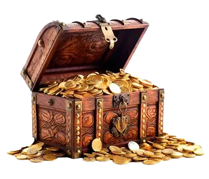 An antique wooden treasure chest overflowing with gold coins, symbolizing big wins and rewards at kuyaplay-casino.