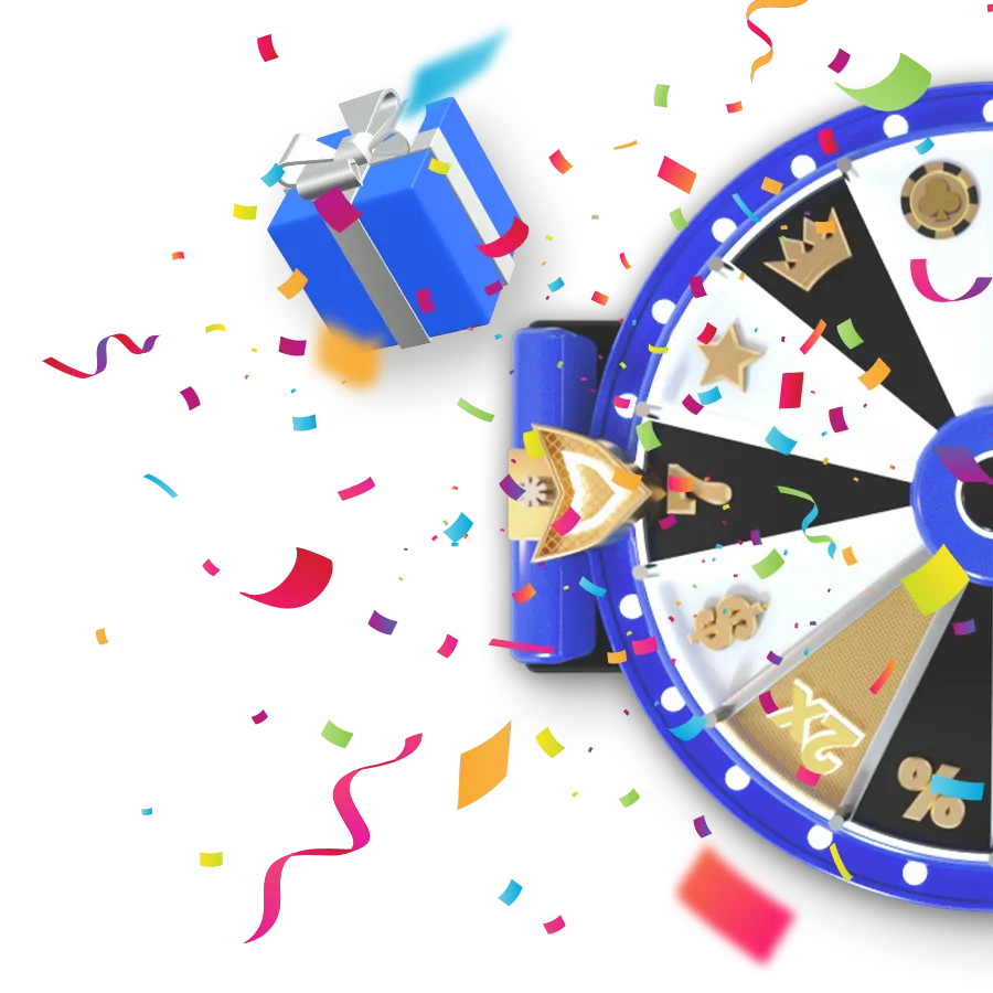A festive prize wheel surrounded by confetti and a blue gift box, illustrating a spin-to-win mechanic for the KuyaPlay free bonus giveaway.