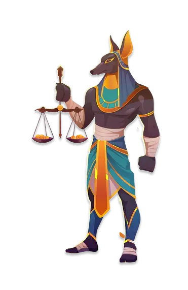 A stylized illustration of the Egyptian god Anubis dressed in royal garments and holding a scale, featured as a themed character in KuyaPlay download.