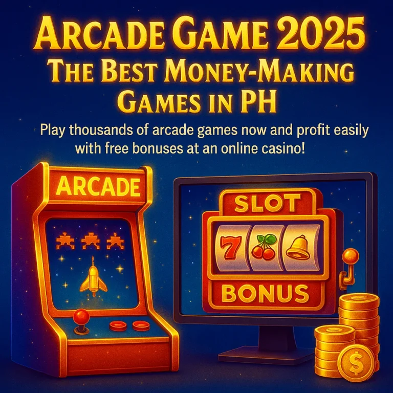 A vibrant promotional image showing an arcade game machine and a slot bonus screen, highlighting "Arcade Game 2025" as the best money-making games in PH with online casino bonuses.