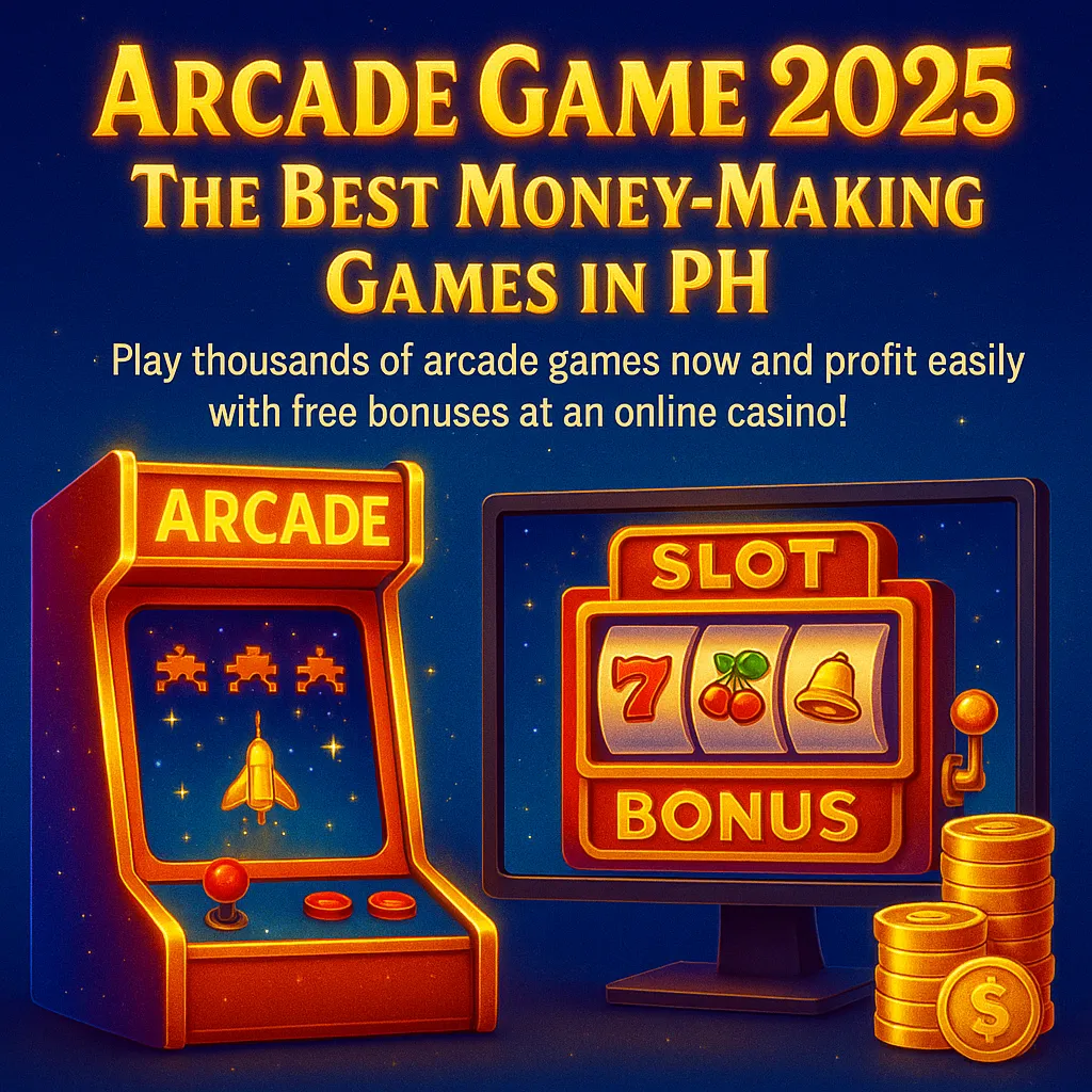 A vibrant promotional image showing an arcade game machine and a slot bonus screen, highlighting "Arcade Game 2025" as the best money-making games in PH with online casino bonuses.