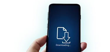 A hand holding a smartphone with a download icon and the word "Downloading..." displayed, representing the action of KuyaPlay download.