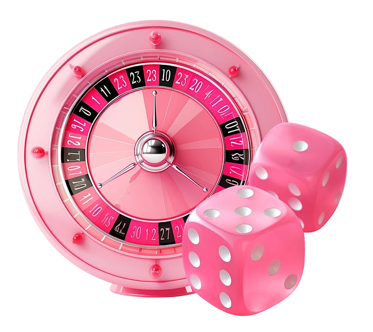 A vivid pink roulette wheel accompanied by two matching pink dice, all shown on a transparent background, symbolizing colorful casino excitement for KuyaPlay login.