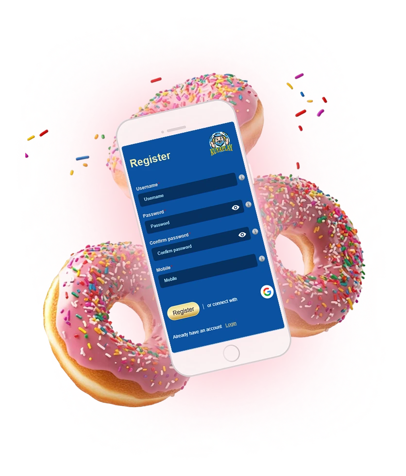 A mobile phone displaying the KuyaPlay login and registration form, surrounded by three pink frosted donuts with colorful sprinkles, symbolizing a fun and inviting sign-up experience for KuyaPlay login.