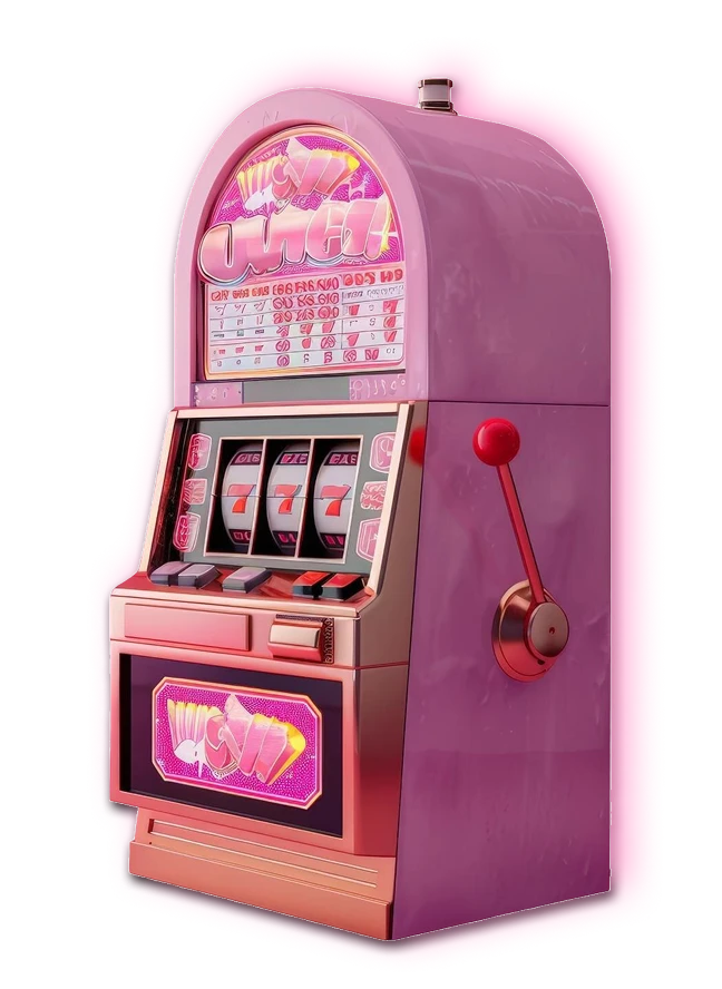 A glossy pink slot machine with classic cherry and number 7 symbols, featuring a side lever and glowing screen, representing casino gameplay elements for KuyaPlay login.