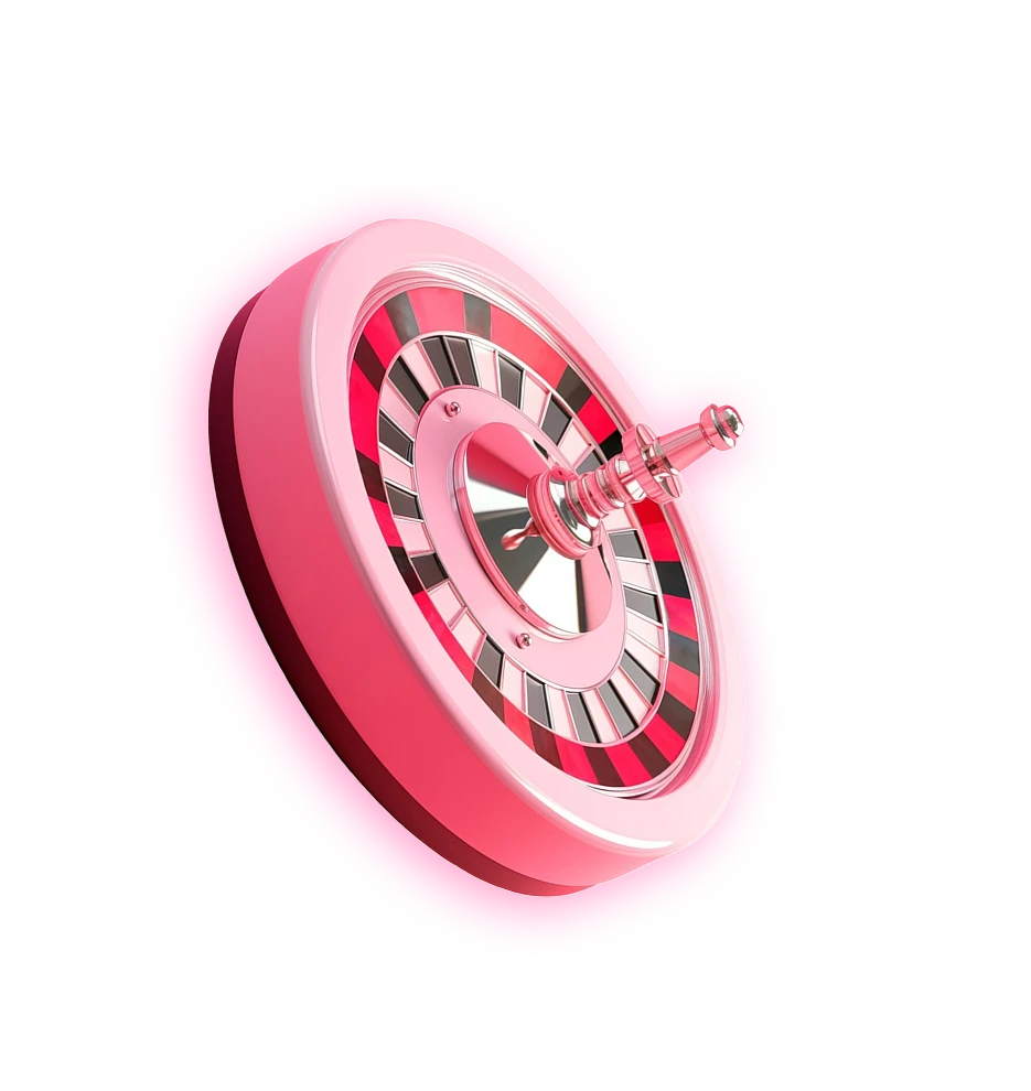A stylized pink roulette wheel with red, black, and white segments, set against a transparent background, representing casino gaming excitement in KuyaPlay login.