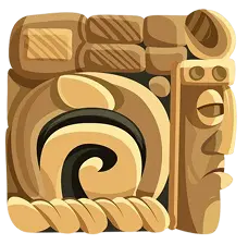 A stylized ancient stone carving with tribal patterns and a face sculpture, designed as an icon for KuyaPlay download.