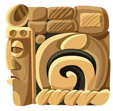 A stylized ancient stone carving with tribal patterns and a face sculpture, designed as an icon for KuyaPlay download.
