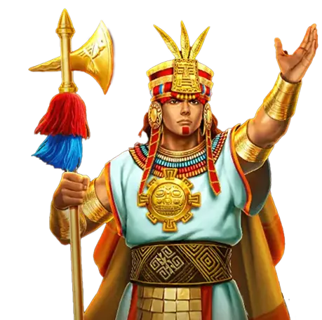 A powerful male warrior dressed in gold and traditional attire, holding a ceremonial axe and raising one arm, featured in a promotional visual for KuyaPlay download.