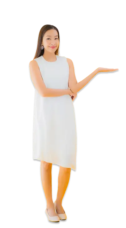 A cheerful woman in a white dress standing with one arm extended and palm up, as if introducing or presenting a feature for KuyaPlay download.