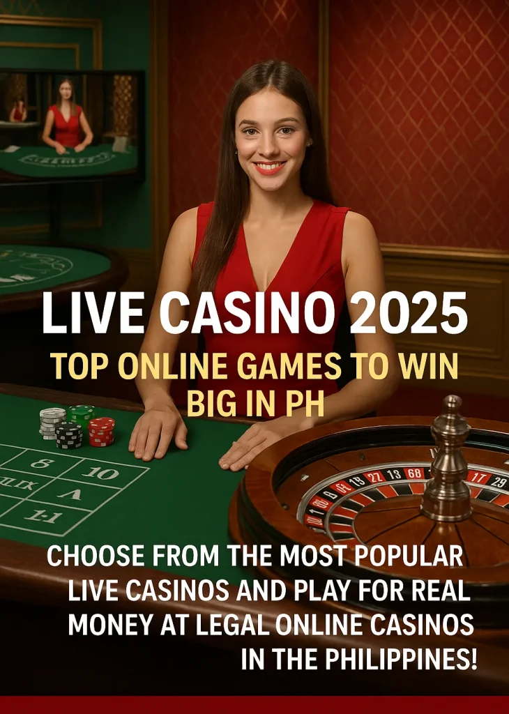 A female live dealer in a red dress stands beside a roulette table and poker chips inside a luxurious casino studio, promoting top online games in the Philippines with bold text highlighting live casino 2025. This image is an advertisement for popular legal online platforms offering live casino gaming. Ask ChatGPT