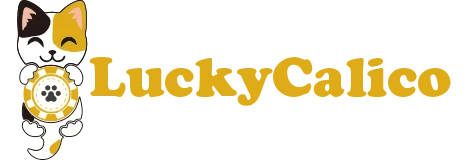 A cheerful calico cat mascot holding a poker chip next to the LuckyCalico brand name, representing a legit online casino.
