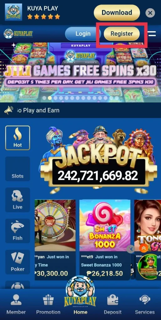 KuyaPlay mobile application home screen showing the Login and Register buttons at the top right. Focus keyword: kuyaplay login. The current jackpot amount is displayed prominently.