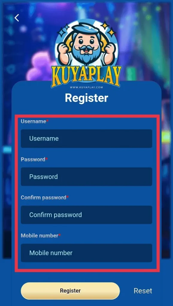 KuyaPlay Register page fields for Username, Password, Confirm password, and Mobile number. Users register before proceeding to the kuyaplay login.
