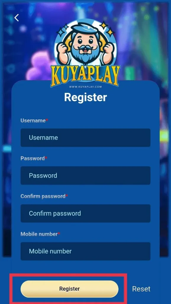 KuyaPlay registration form showing the required fields and the highlighted Register button at the bottom, which precedes the kuyaplay login process.
