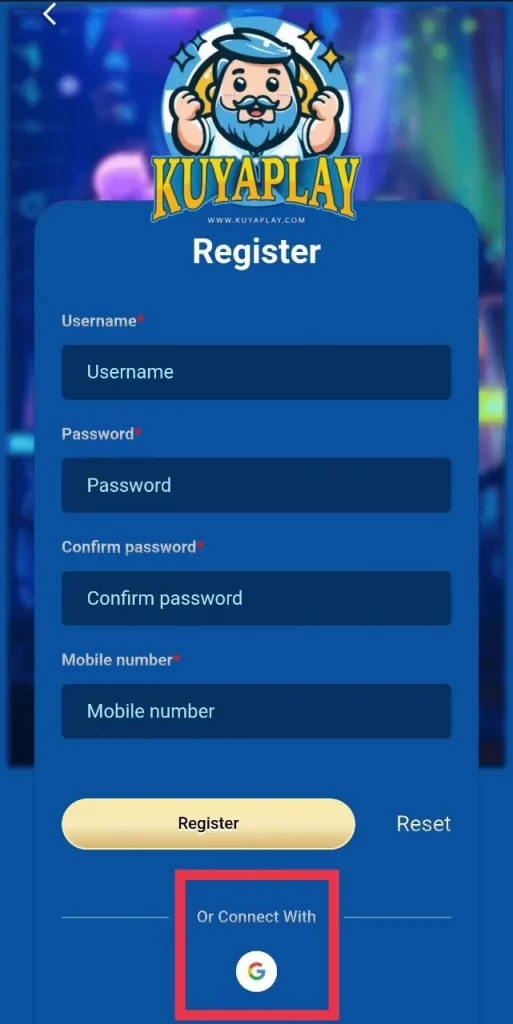 KuyaPlay Register page showing the red-boxed "Or Connect With G (Google)" option for quick sign-up, which is an alternative to the standard kuyaplay login process.