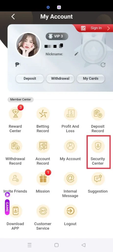 KuyaPlay My Account page after successful kuyaplay login. The red-boxed Security Center icon is highlighted, where users manage password changes and account security settings.