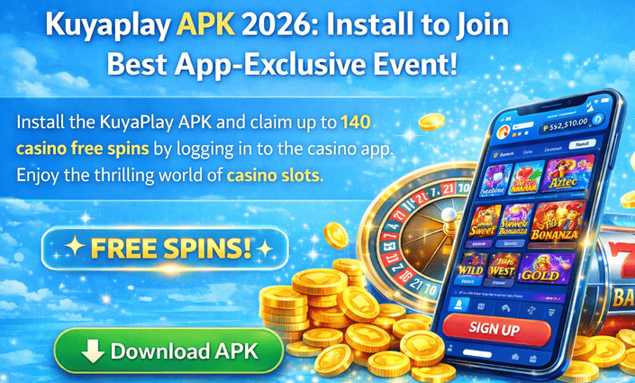 Promotional banner showing a smartphone displaying a casino slot game lobby, gold coins and chips around a roulette wheel, and a download APK button encouraging players to install KuyaPlay apk to claim free spins and join an app-exclusive casino event.