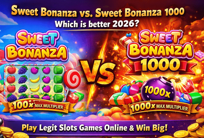 Horizontal comparison banner for Sweet Bonanza and Sweet Bonanza 1000, featuring 100x vs 1000x max multipliers and a visual guide for choosing between these slot games online.